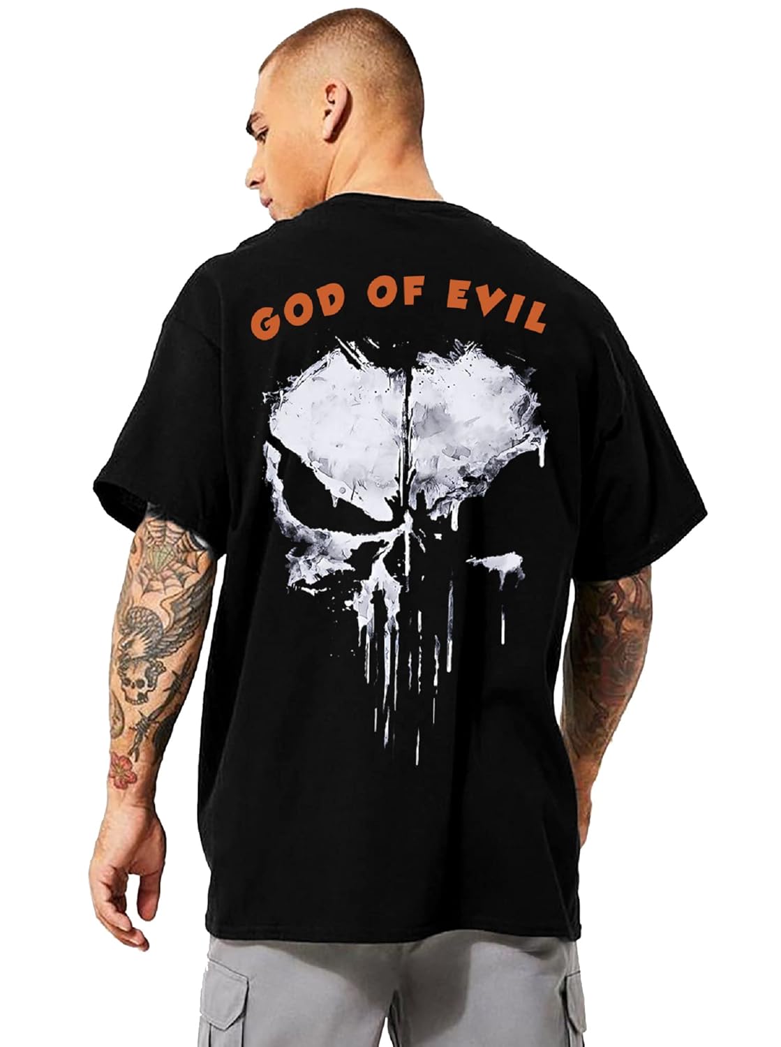 LEOTUDE Oversized Cottonblend Half Sleeve Back Printed Drop Shoulder Men T-Shirt (Color Black)